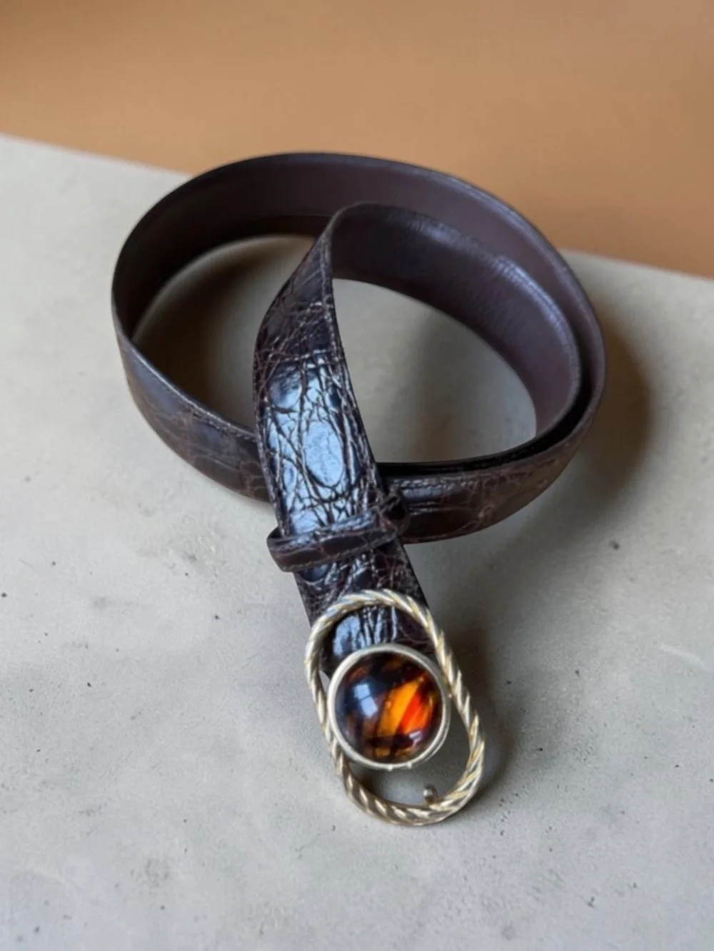 GUCCI VTG Crocodile Embossed Amber Jewel Brown Leather Belt Size Large